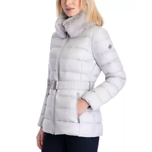 Michael Kors Faux Fur Trim Quilted Nylon Belted Puffer Coat in Large - Picture 4 of 15